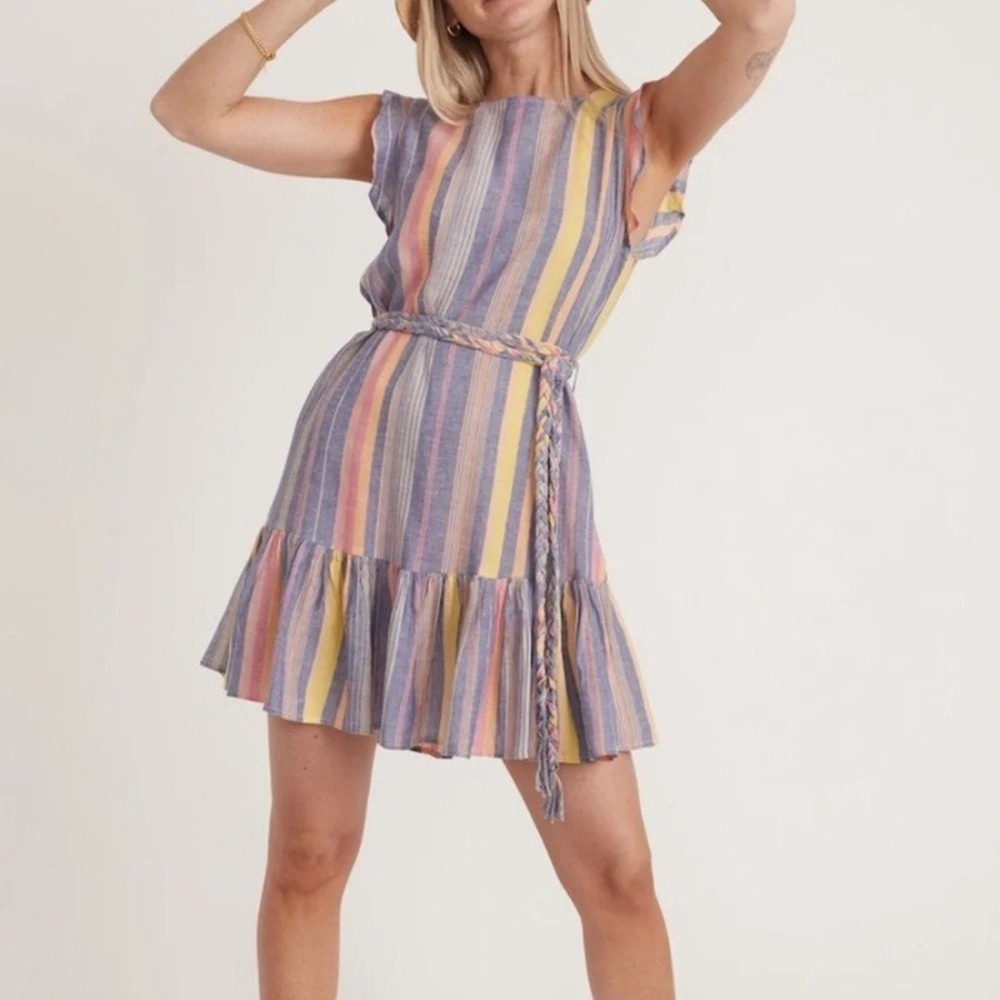 Marine Layer Linen Blend Laney Mini Dress in Blue Variegated Stripe Size Small - Picture 2 of 10